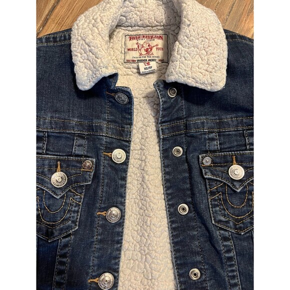 True Religion Womens Sherpa Lined Blue Denim Trucker Jacket XS EUC - Picture 4 of 13
